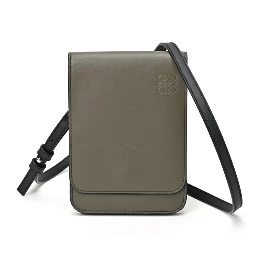 LOEWE Gusset Flat Shoulder Bag Shoulder Clutch Leather Khaki Green Black